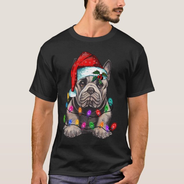 T-shirt French bulldog santa christmas tree lights (Devant)