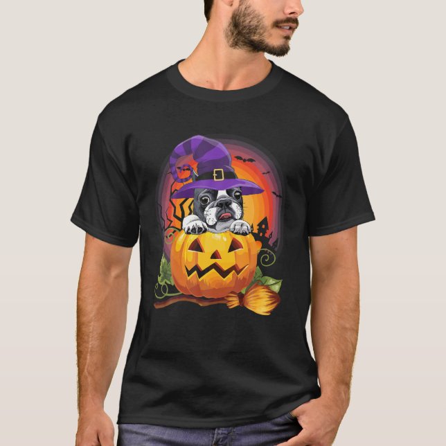 T-shirt French Bulldog Witch Pumkin Halloween Dog Lover (Devant)