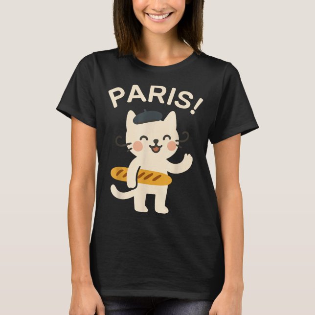 T-shirt French Cat With Baguette Cute Cat Paris Funny Anim (Devant)