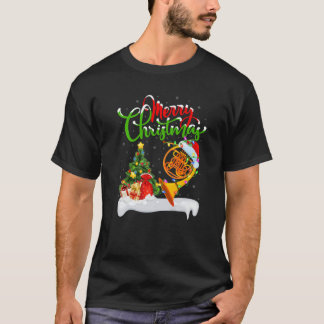 T-shirt French Horn Lover Xmas Lighting Santa French Horn