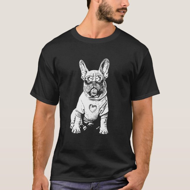 T-shirt Frenchie Dog Sunglasses Cool Black White Dog Motif (Devant)