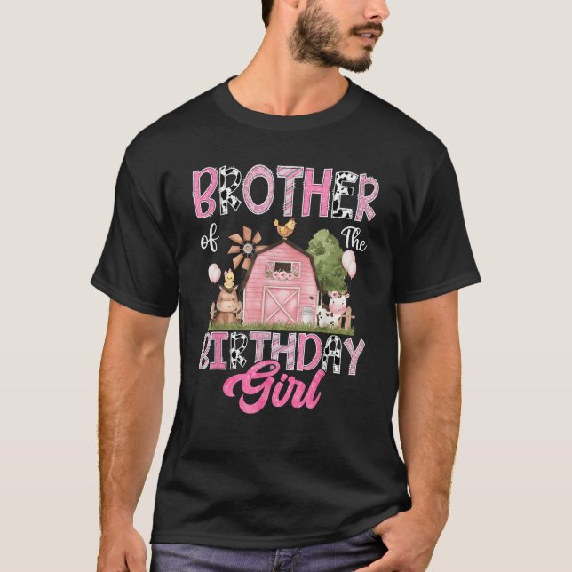 T-shirt Frère De L'Anniversaire Fille Ferme Vache Rose 1Er (Devant)