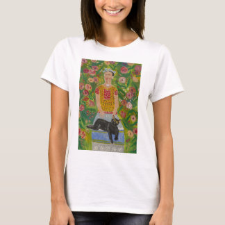 T-shirt Frida Kahlo et son chat noir parmi les Roses