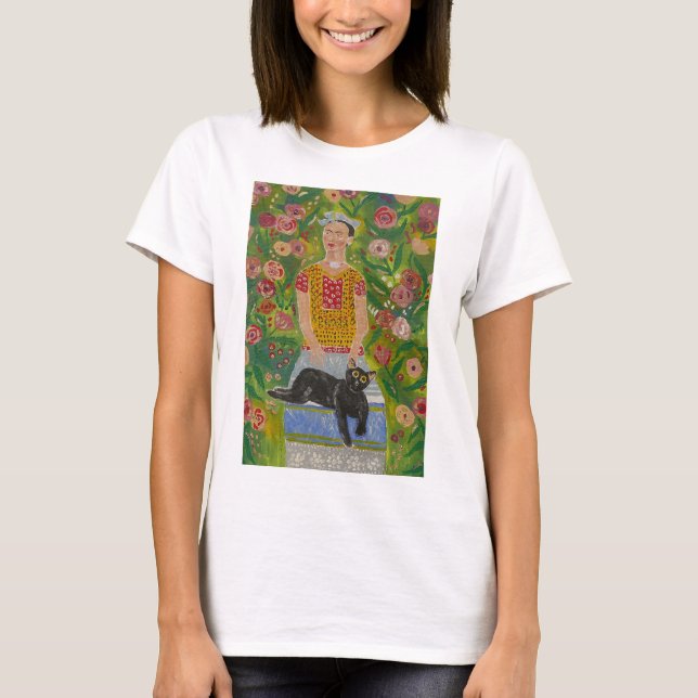 T-shirt Frida Kahlo et son chat noir parmi les Roses (Devant)