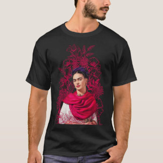 T-shirt Frida Kahlo portrait color, pink flowers, black ba