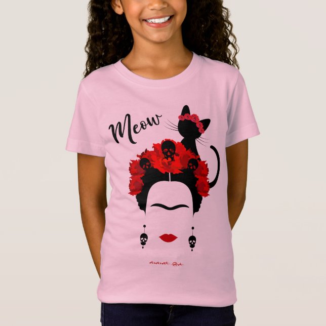 T-Shirt Frida Kahlo portrait et mignonne meow Mexicain Cha (Devant)
