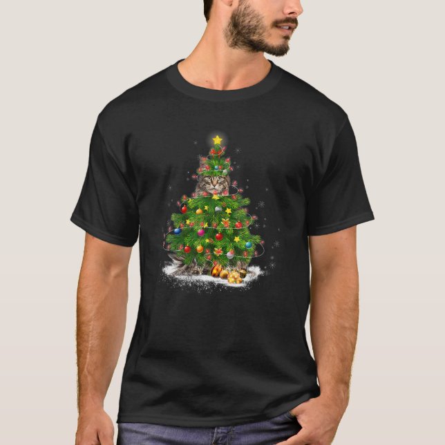 T-shirt Fun Chat Maine Coon Noël Arbre de Noël Vacances Ch (Devant)