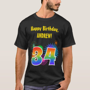 T-shirt Fun Fireworks + Rainbow Motif "34" Anniversaire #