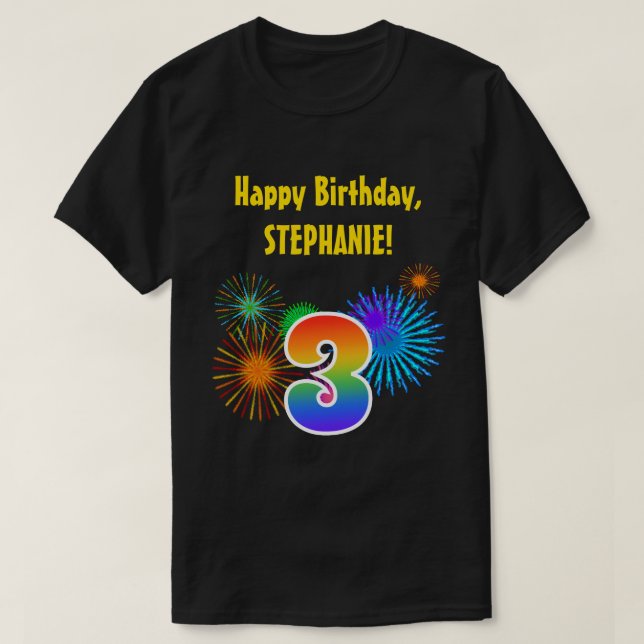 T-shirt Fun Fireworks + Rainbow Motif "3" Anniversaire # (Design devant)