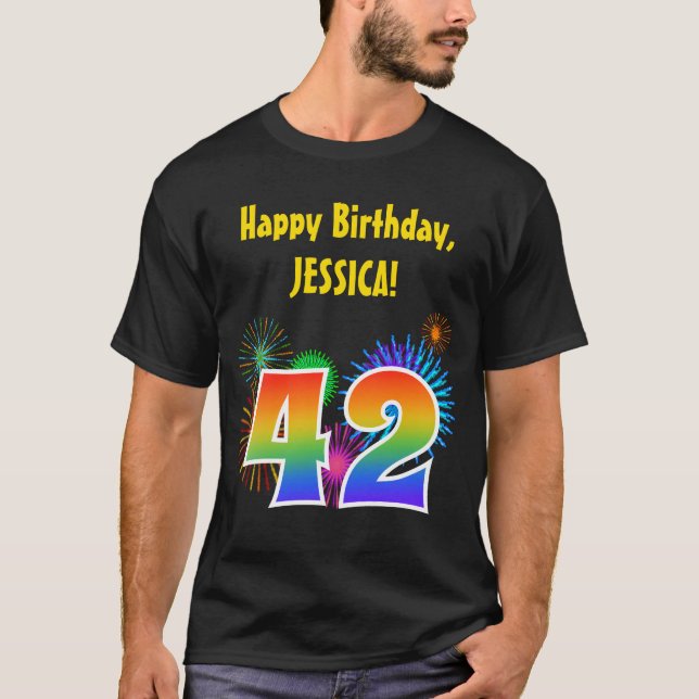 T-shirt Fun Fireworks + Rainbow Motif "42" Anniversaire # (Devant)