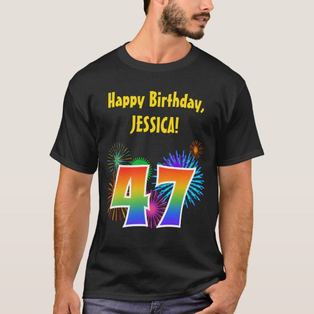 T-shirt Fun Fireworks + Rainbow Motif "47" Anniversaire # (Devant)