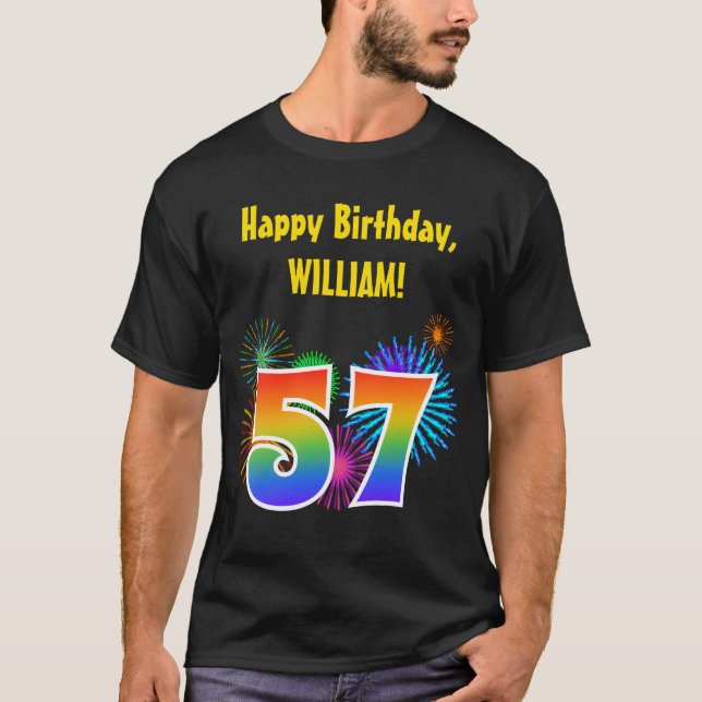 T-shirt Fun Fireworks + Rainbow Motif "57" Anniversaire # (Devant)