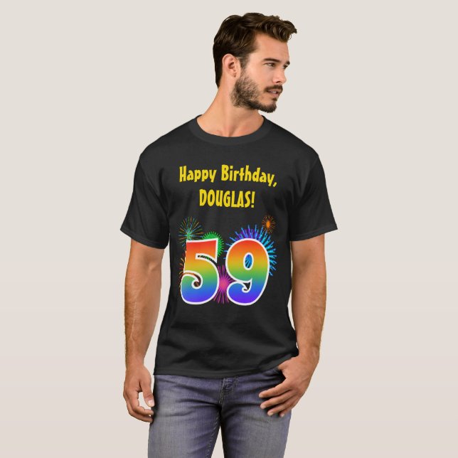 T-shirt Fun Fireworks + Rainbow Motif "59" Anniversaire # (Devant entier)
