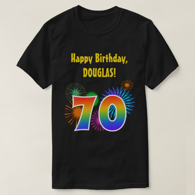 T-shirt Fun Fireworks + Rainbow Motif "70" Anniversaire # (Design devant)
