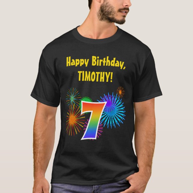 T-shirt Fun Fireworks + Rainbow Motif "7" Anniversaire # (Devant)