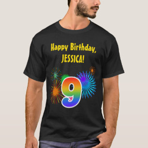 T-shirt Fun Fireworks + Rainbow Motif "9" Anniversaire #
