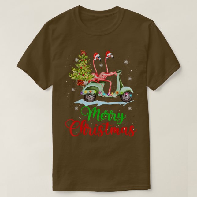 T-shirt Fun Flamant rose Santa Hat Xmas Light Motobike Noë (Design devant)