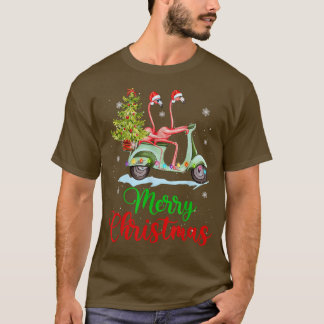 T-shirt Fun Flamant rose Santa Hat Xmas Light Motobike Noë