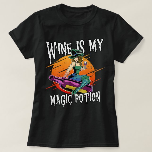 T-shirt Fun Halloween Drinking Witch Magic Wine Drinker  (Design devant)