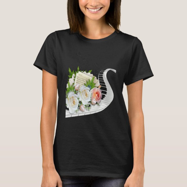 T-SHIRT FUN MUSIC ROSE PIANO MUSIC NOTES & FLOWERS CLUSTER (Devant)