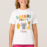 T-shirt Fun Safari Birthday Girl<br><div class="desc">Un t-shirt de fête d'anniversaire amusant avec "Safari Party" écrit en texte exotique coloré. Au-dessous se trouve une girafe, un éléphant et un lion. Le nom de la fille d'anniversaire est écrit dans une jolie police rose.
Graphiques de Prettygrafik Design (https://www.etsy.com/shop/Prettygrafikdesign)</div>
