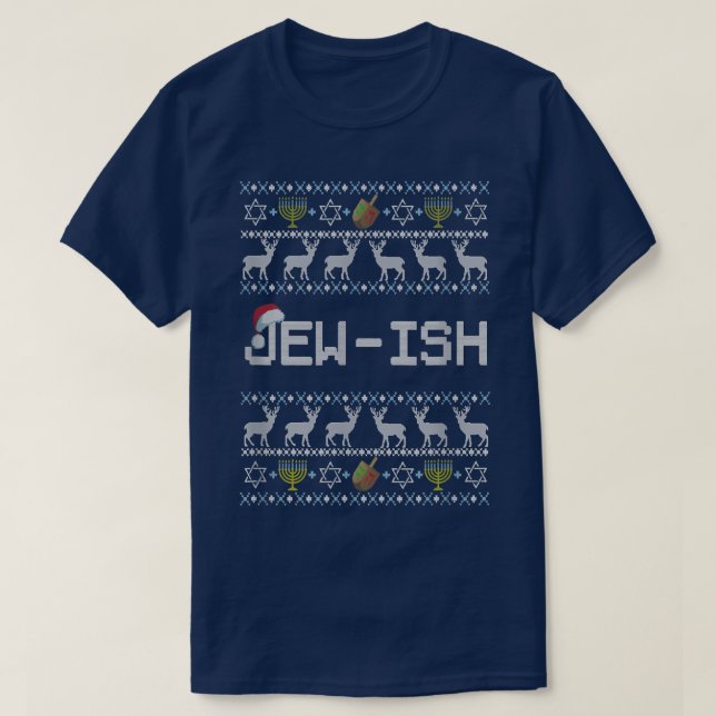T-shirt Fun Ugly Hanoukka Sweater chapeau santa jupe joyeu (Design devant)