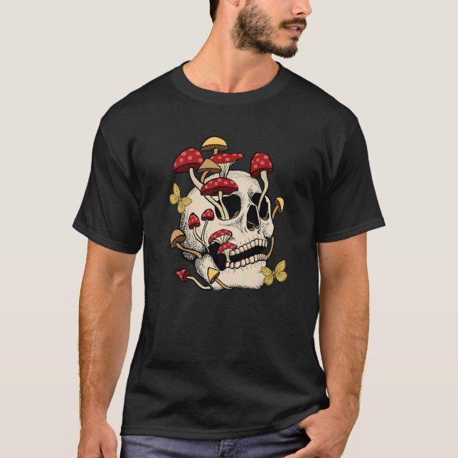 T-shirt Fungus Magic Psilocybin Mushrooms Skull Face Hippi (Devant)