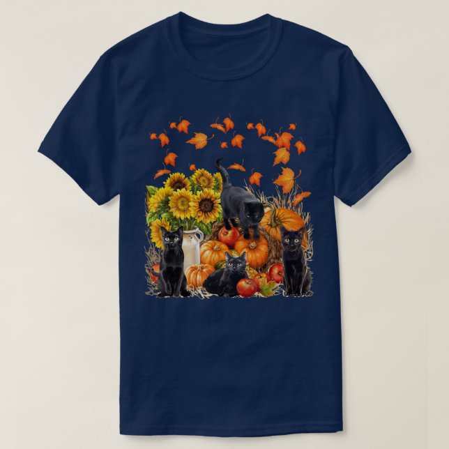 T-shirt Funky Black Cat Leaf Automne Bonjour Automne Pour  (Design devant)