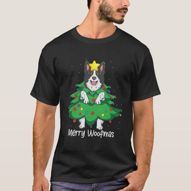 T-shirt Funky Bordure Collie Arbre de Noël Ornement Chien  (Devant)