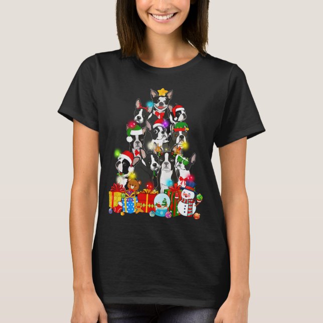 T-shirt Funky Boston Terrier Feux d'arbre de Noël Chiot D (Devant)
