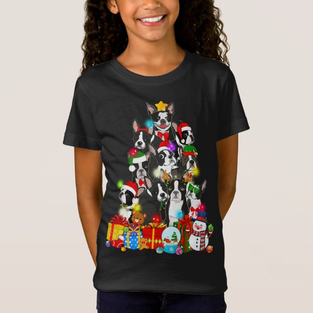 T-Shirt Funky Boston Terrier Feux d'arbre de Noël Chiot D (Devant)