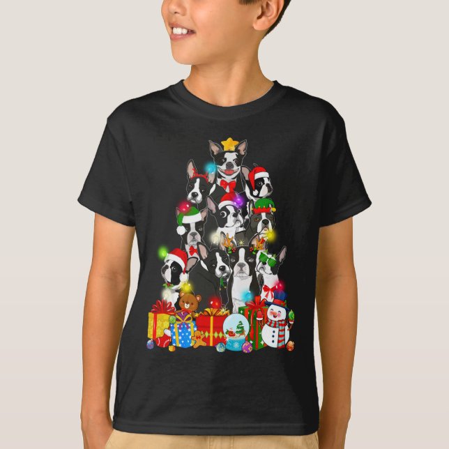 T-shirt Funky Boston Terrier Feux d'arbre de Noël Chiot D (Devant)
