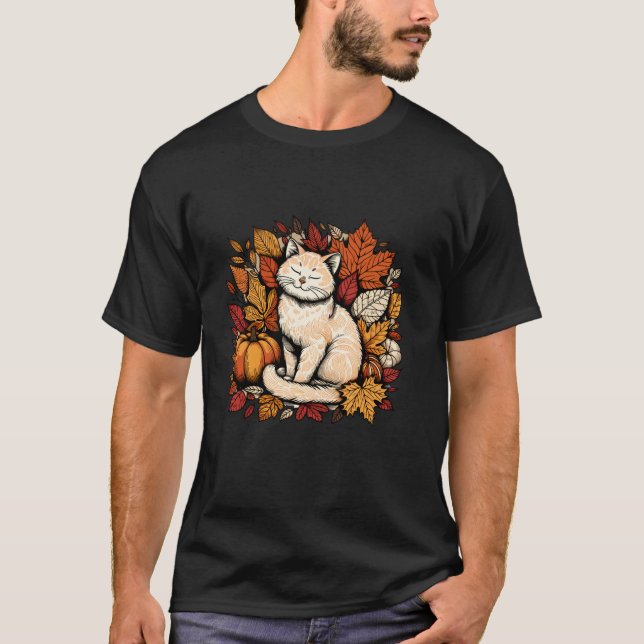 T-shirt Funky Chat Fall Leaf Tree Bonjour Automne Thanksgi (Devant)