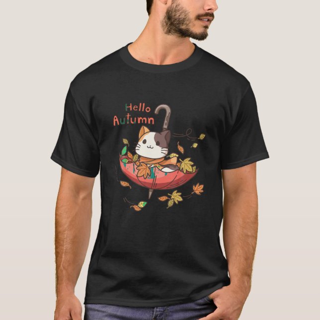 T-shirt Funky Chat Leaf Automne Bonjour Automne Cute Kitte (Devant)