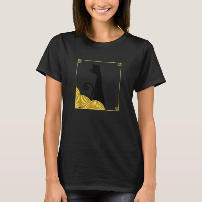 T-shirt Funky East Asian Style Black Cat in Frame with Gol (Devant)