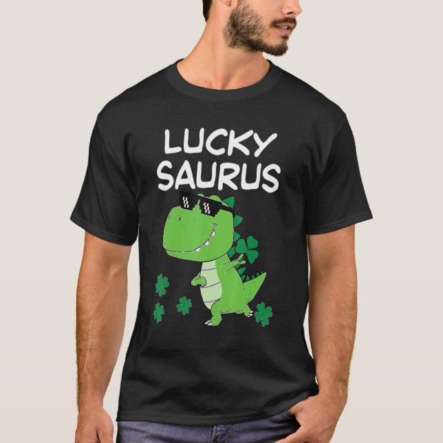 T-shirt Funky Lucky Saurus Dinosaur Shamrock irlandais St  (Devant)