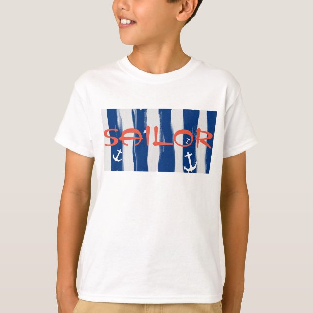 T-Shirt Funky Marin Bleu à Rayures Blanches et Anc (Devant)
