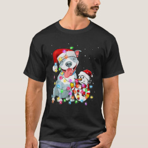 T-shirt Funky Pitbull Chien Noël Tee Snowman Xmas Light