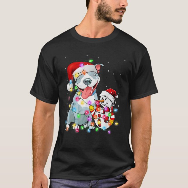 T-shirt Funky Pitbull Chien Noël Tee Snowman Xmas Light (Devant)