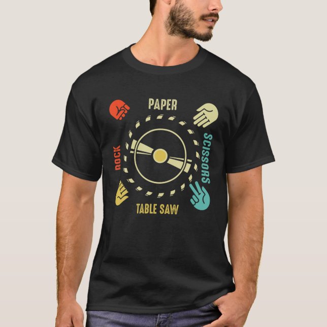 T-shirt Funky Rock Ciseaux Papier Table Saw Carpenter Tool (Devant)