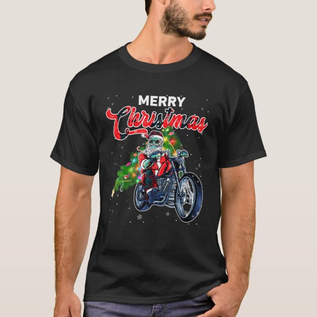 T-shirt Funky Santa Claus Avec Motorcycle Xmas Tree Joyeux (Devant)