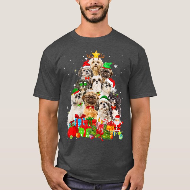 T-shirt Funky Shih Tzu Christmas Tree Lights Chien chiot (Devant)