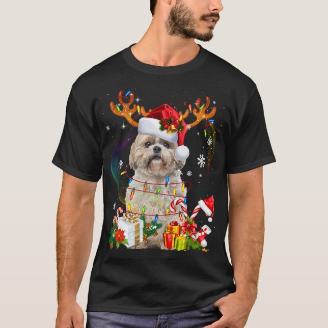 T-shirt Funky Shih Tzu Reindeer Noël Lumières (Devant)