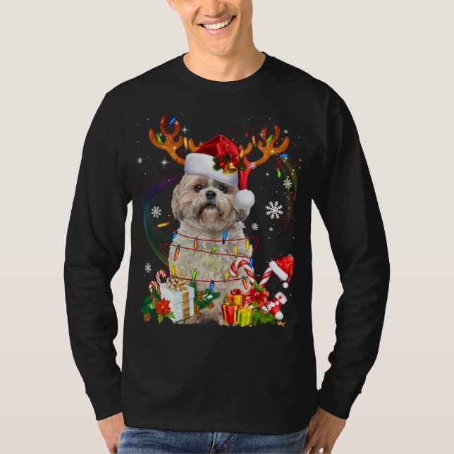 T-shirt Funky Shih Tzu Reindeer Noël Lumières (Devant)