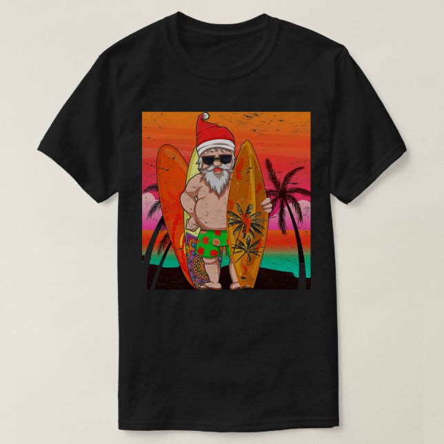 T-shirt Funky Surfer Père Noël coucher de soleil d'été Noë (Design devant)