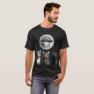 T-shirt Funny 3 chats effrayés Lune UFO Alien Earth Invasi