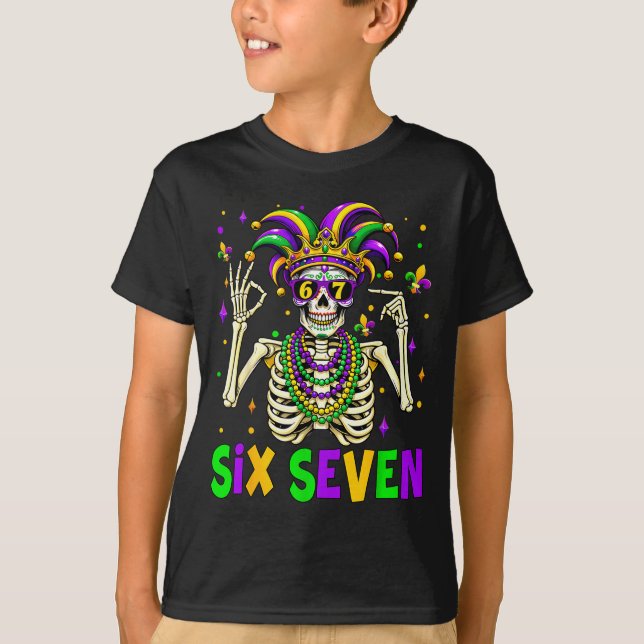 T-shirt Funny 67 Mardi Gras Skeleton 6 7 Meme Mask Beads S (Devant)