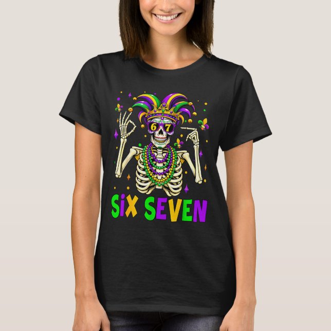 T-shirt Funny 67 Mardi Gras Skeleton 6 7 Meme Mask Beads S (Devant)