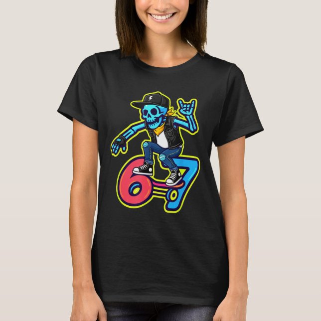 T-shirt Funny 67 Skeleton Skater Meme Retro Skateboarding  (Devant)