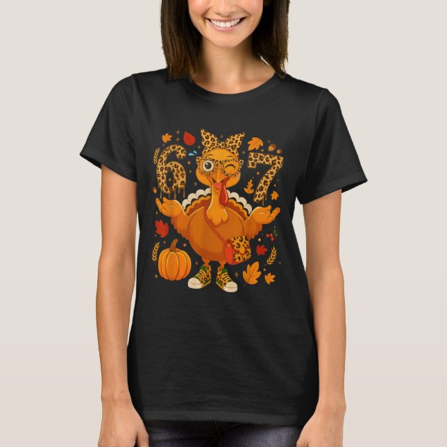 T-shirt Funny 6 7 Thanksgiving Leopard Bow Turkey Six Seve (Devant)